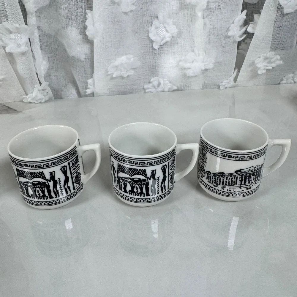 Vintage Greek Black and White Demitasse Cups and Saucers Set Greek Key Parthenon